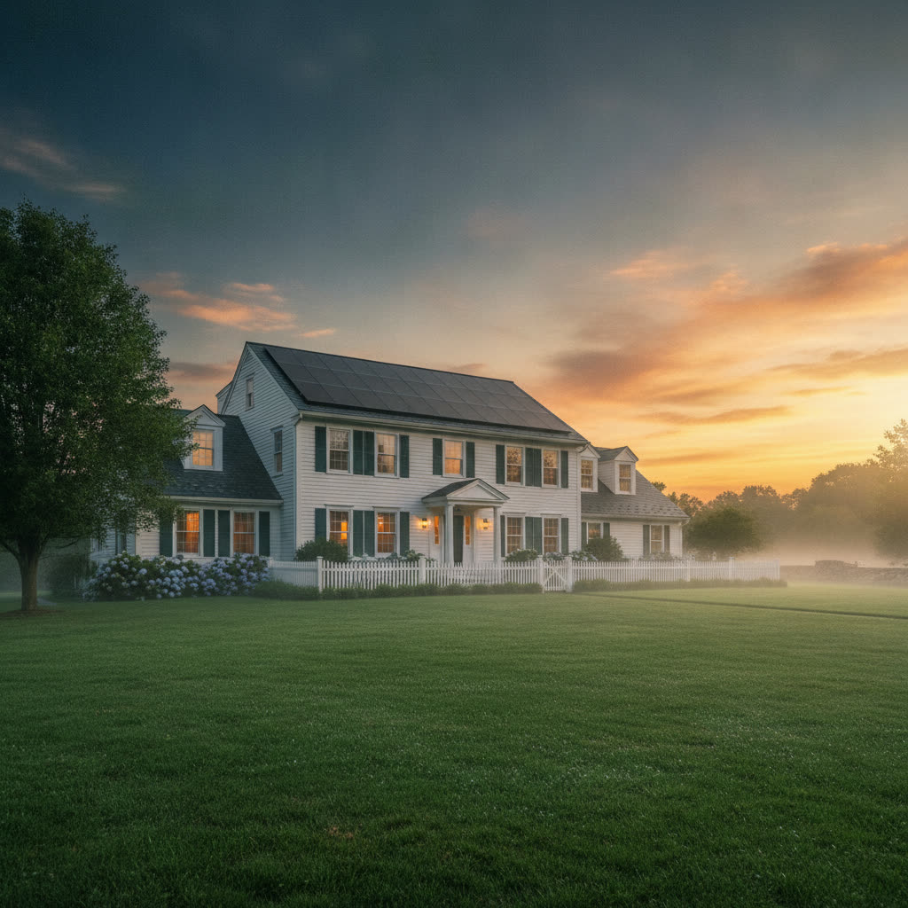 Colonial home with rooftop solar panels at sunrise