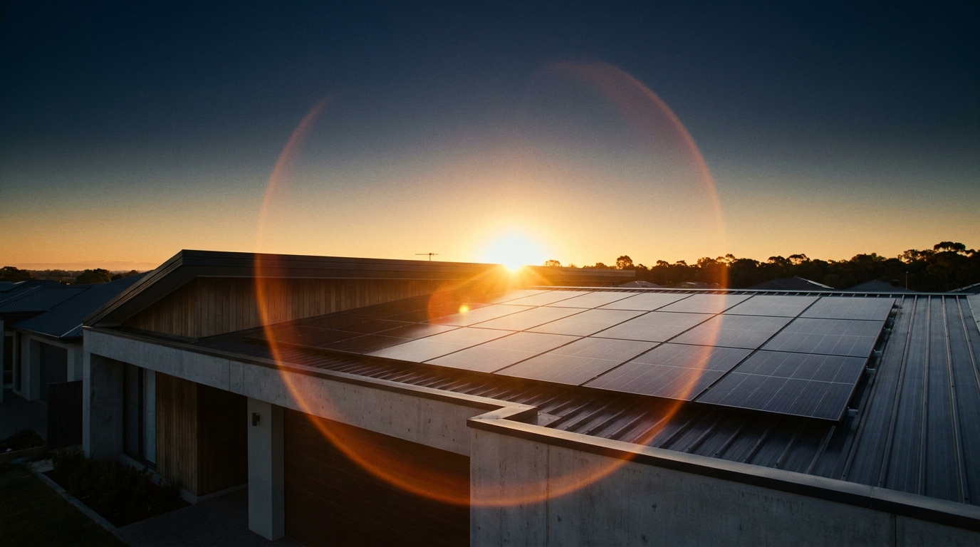 Cinematic sunrise over a solar panel array